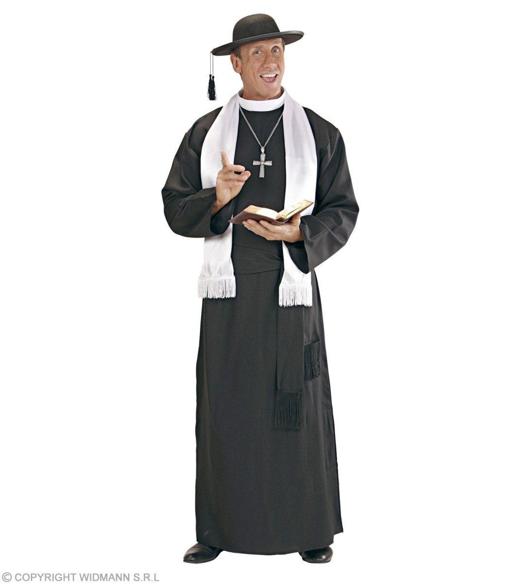 Costume Prete Uomo Adulto - Taglia L, Nero, Con Collarino E Berretta - Foto 13