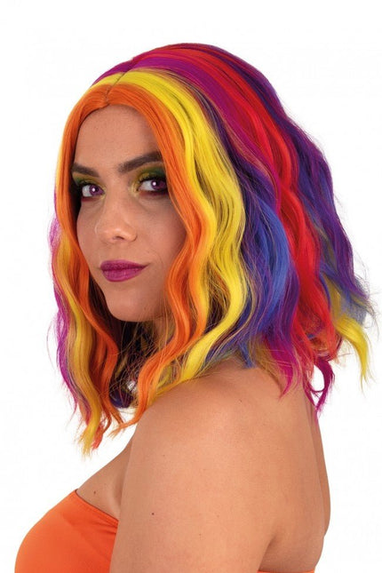 Pruik Alicia Half Lang Met Wave Rood, Geel En Oranje van PartyXplosion koop je bij Partywinkel