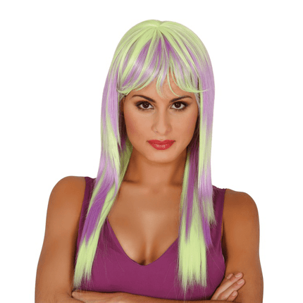 Pruik Lang Haar Neon Geel Paars van Fiestas Guirca koop je bij Partywinkel