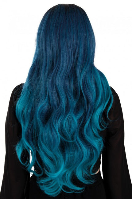 Pruik Selena Lang Haar Met Krullen Zwart Petrol Blauw van PartyXplosion koop je bij Partywinkel