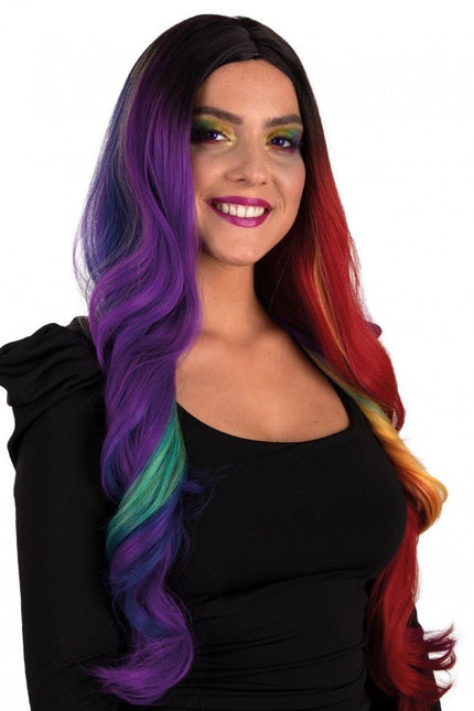 Pruik Selena Lang Met Krullen Regenboog Two Sides van PartyXplosion koop je bij Partywinkel