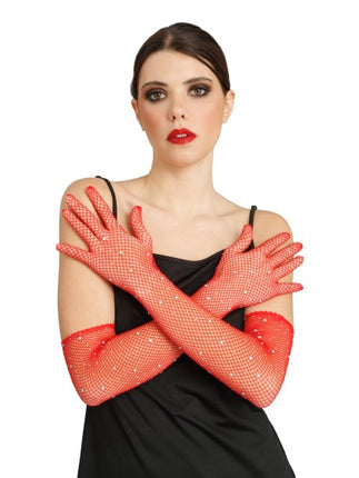 Guanti rossi a rete da pesca con strass, 45 cm