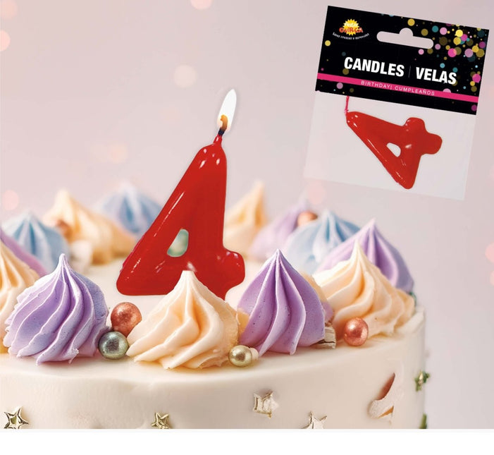 Rode Kaars 4 Jaar 5,5cm van Fiestas Guirca koop je bij Partywinkel