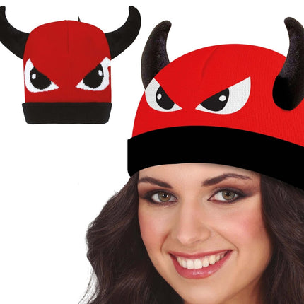Rood Zwarte Muts Duivel Met Ogen van Fiestas Guirca koop je bij Partywinkel