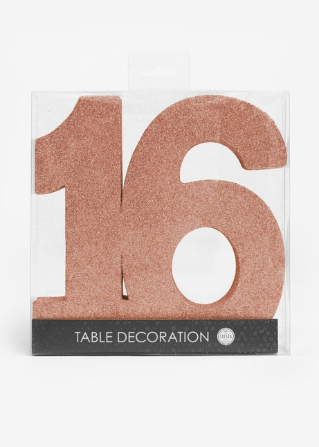 Rose Goud Tafeldecoratie Cijfer 16 Glitter 20,5cm van WeFiesta koop je bij Partywinkel