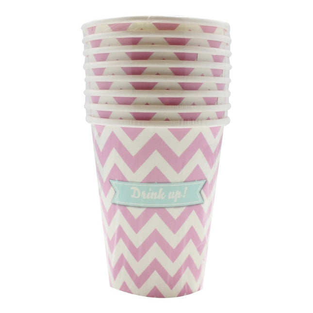 Roze Bekers Gestreept 266ml 8st van Ginger Ray koop je bij Partywinkel
