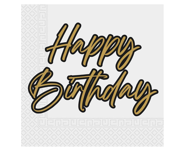 Tovaglioli di Buon Compleanno Oro Nero 2 Strati 33cm 20pz