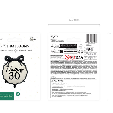 Palloncino a elio 30 anni nero bianco 53 cm