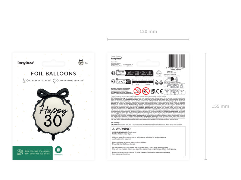 Palloncino a elio 30 anni nero bianco 53 cm