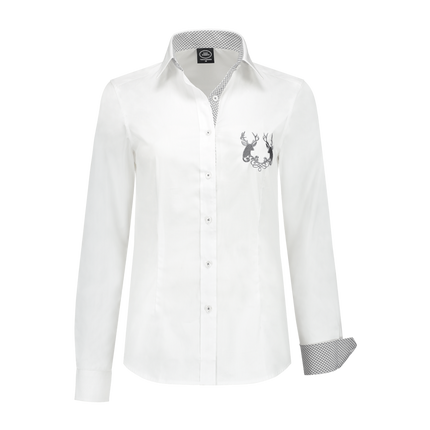 Camicetta da donna bianca, karo grigio, ricamo del cervo sul petto