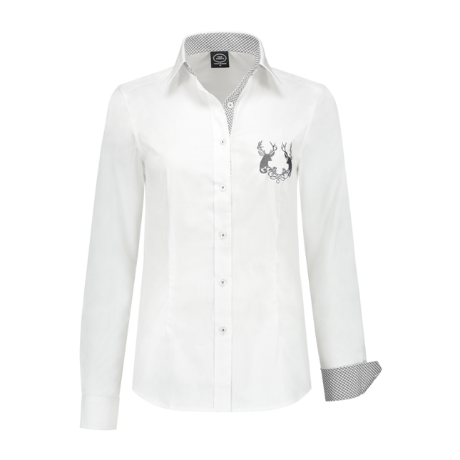Camicetta da donna bianca, karo grigio, ricamo del cervo sul petto