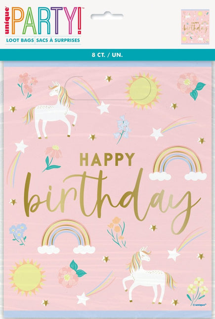 Unicorn Uitdeelzakjes Happy Birthday 23cm 8st van Unique koop je bij Partywinkel