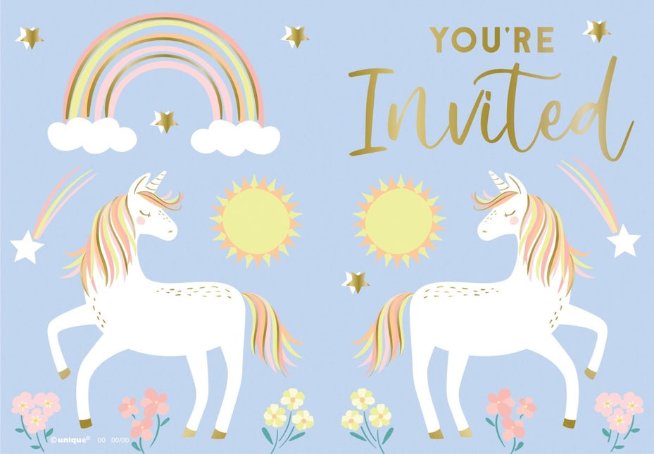 Unicorn Uitnodigingen Blauw/Goud 8st van Unique koop je bij Partywinkel