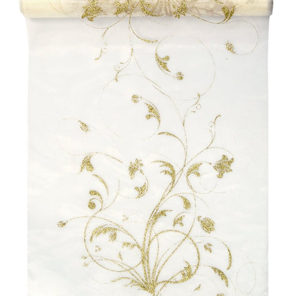 Vanille Creme Organza Stof Gouden Bloemen 36cm 9m van Partydeco koop je bij Partywinkel