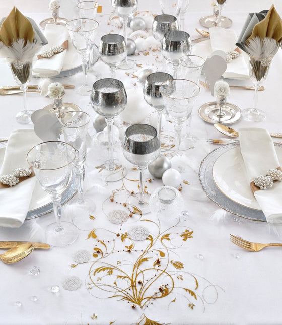 Vanille Creme Organza Stof Gouden Bloemen 36cm 9m van Partydeco koop je bij Partywinkel