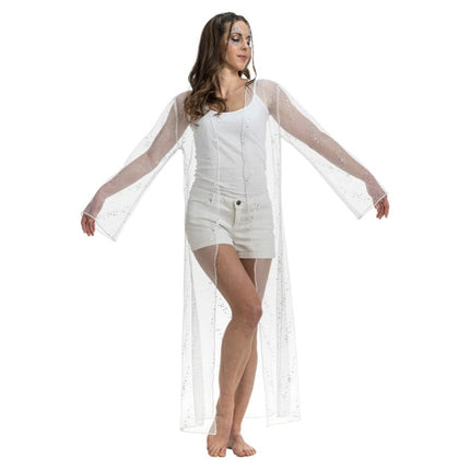 Cardigan da festival bianco lungo in tulle con paillettes, da donna, taglia unica