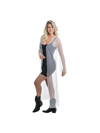 Cardigan da festival bianco lungo in tulle con paillettes, da donna, taglia unica