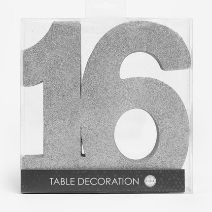 Zilver Tafeldecoratie Cijfer 16 Glitter 20,5cm van WeFiesta koop je bij Partywinkel