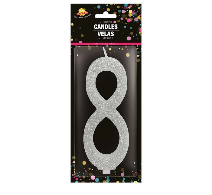 Zilveren Kaars 8 Jaar Glitter 12,5cm van Fiestas Guirca koop je bij Partywinkel
