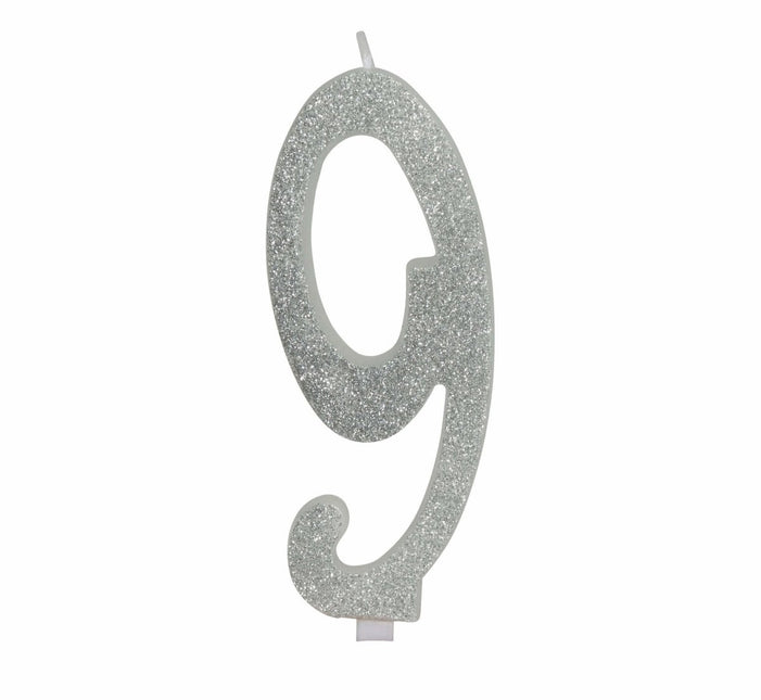 Zilveren Kaars 9 Jaar Glitter 12,5cm van Fiestas Guirca koop je bij Partywinkel