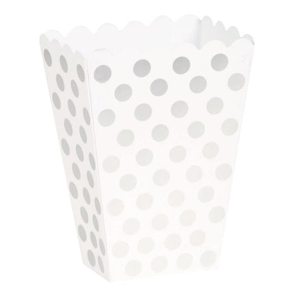 Zilveren Popcorn Bakjes Witte Stippen 13,7cm 8st van Unique koop je bij Partywinkel