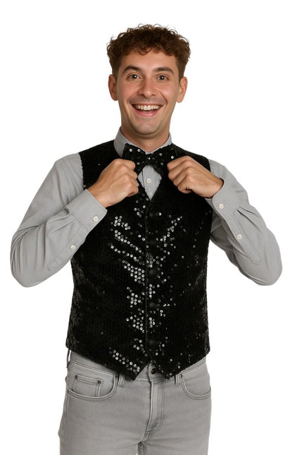 Zwart Gilet Met Strikje 2 delig van Partychimp koop je bij Partywinkel
