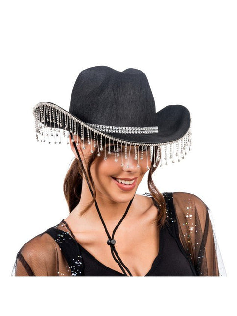 Zwarte Cowboyhoed met Hangende Strass One Size van CHAKS koop je bij Partywinkel