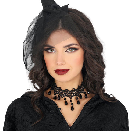Zwarte Haarband Mini Heksenhoed Met Sluier van Fiestas Guirca koop je bij Partywinkel