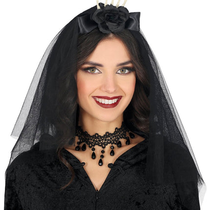 Zwarte Haarband Skelet Sluier En Bloem van Fiestas Guirca koop je bij Partywinkel