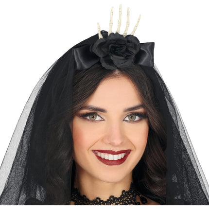 Zwarte Haarband Skelet Sluier En Bloem van Fiestas Guirca koop je bij Partywinkel