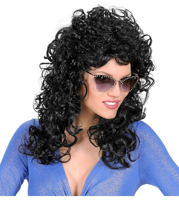 Zwarte Pruik Half Lang Haar Krullen van Widmann koop je bij Partywinkel