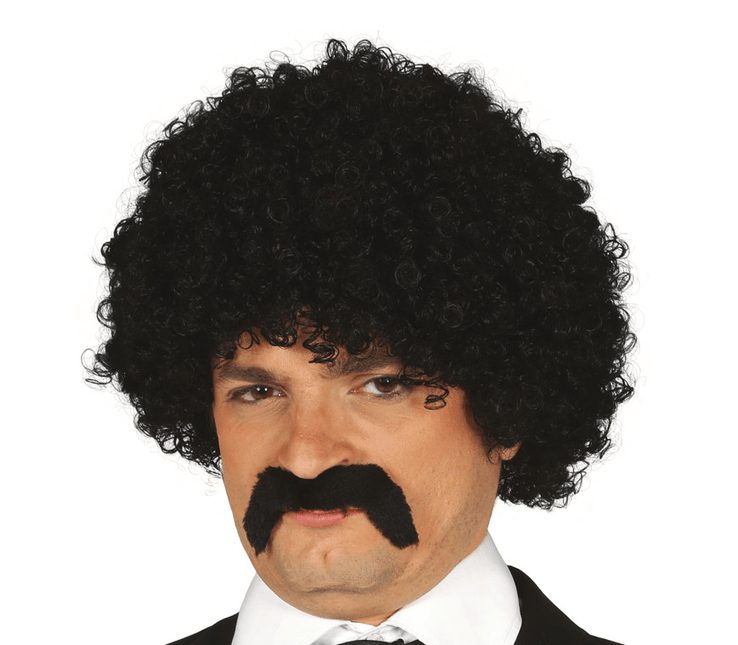 Zwarte Pruik Krullen Snor van Fiestas Guirca koop je bij Partywinkel